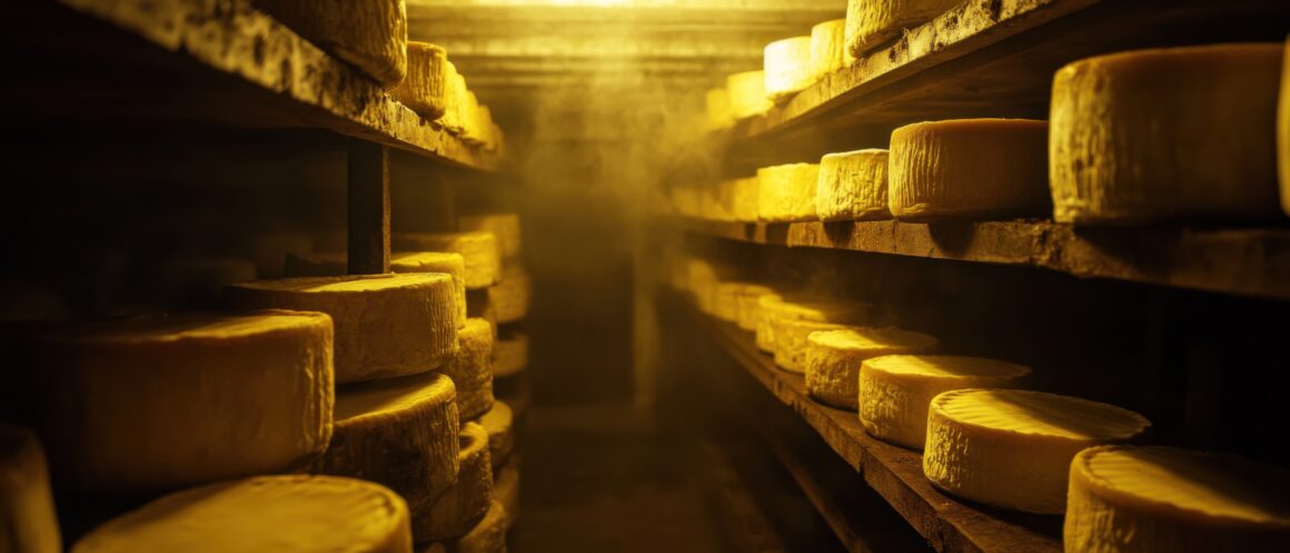 Cheese Aging On Wooden Shelves In A Dark Cellar With Controlled Humidity, Showcasing Traditional Cheese Production And Food Industry Appenzeller Spezialitäten insbesondere Käse